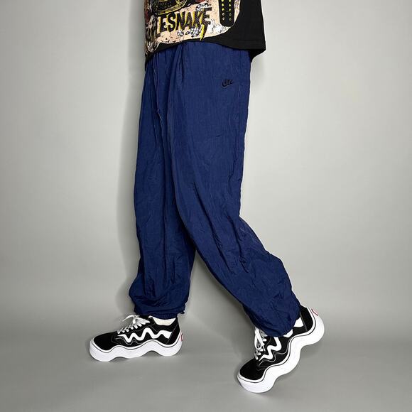 Vintage Nike Track Pants Navy Blue Nylon Joggers Subtle Embroidered Logo 90s